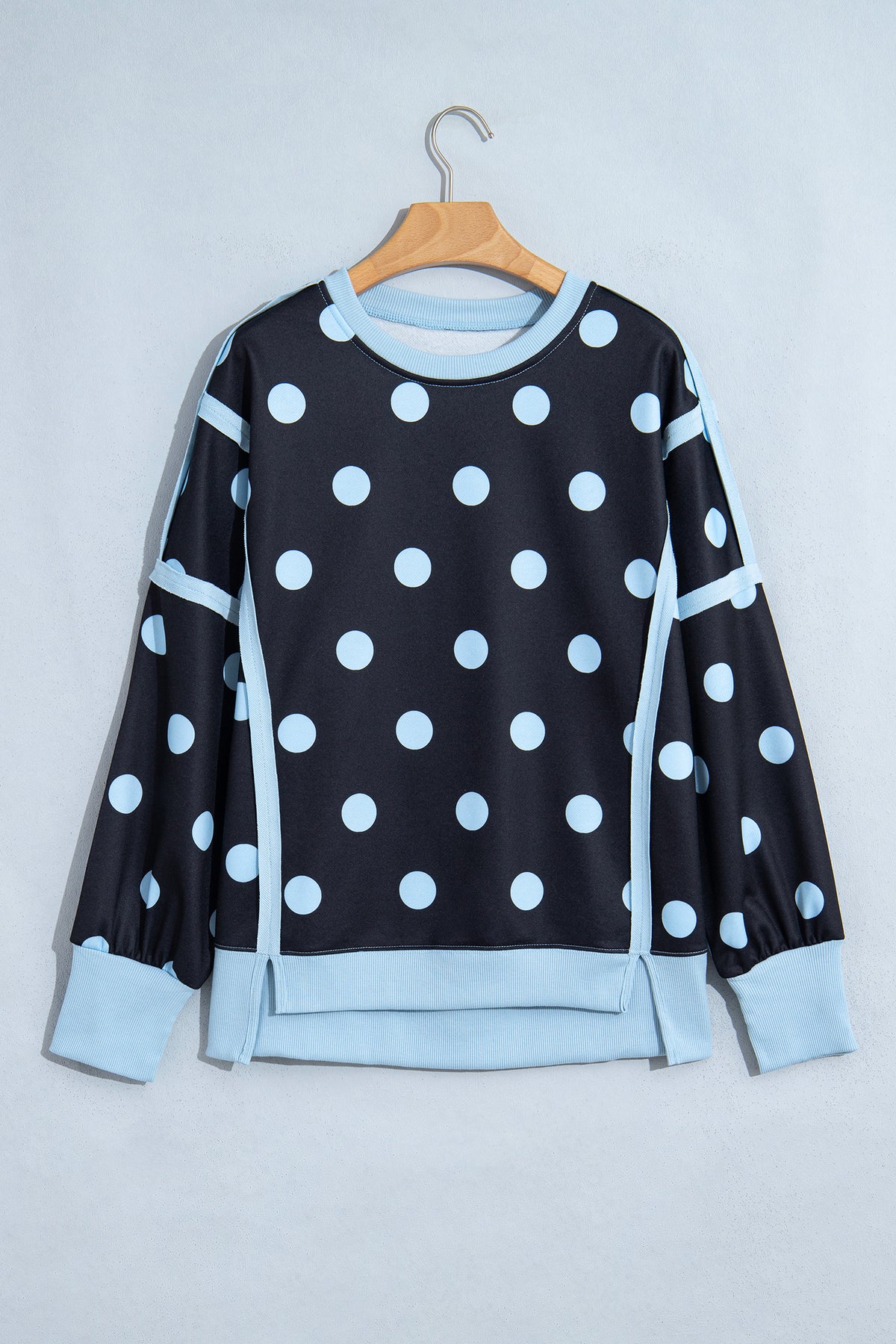 White Polka Dot Contrast Patchwork Round Neck Baggy Sweatshirt