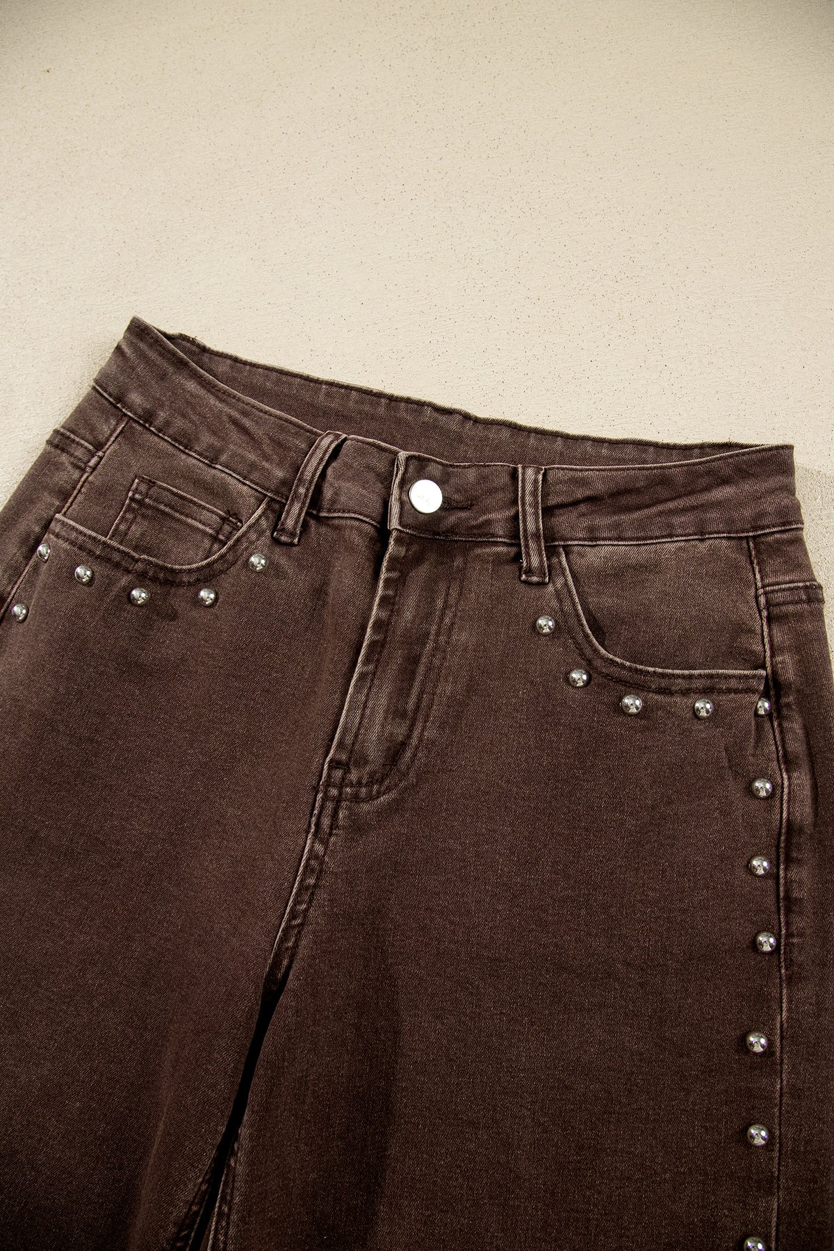 Coffee Studded Detail Straight Leg Casual Loose Jeans