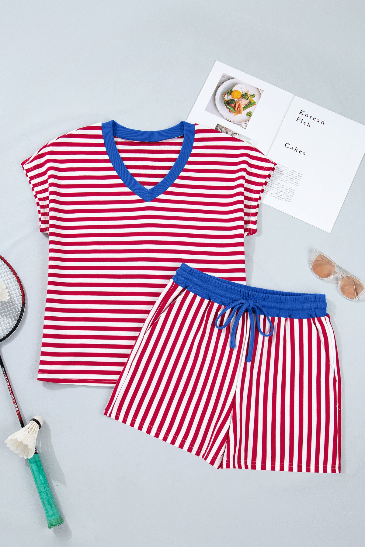 Yellow Stripe Colorblock Trim V Neck Tee Drawstring Elastic Waist Short Set