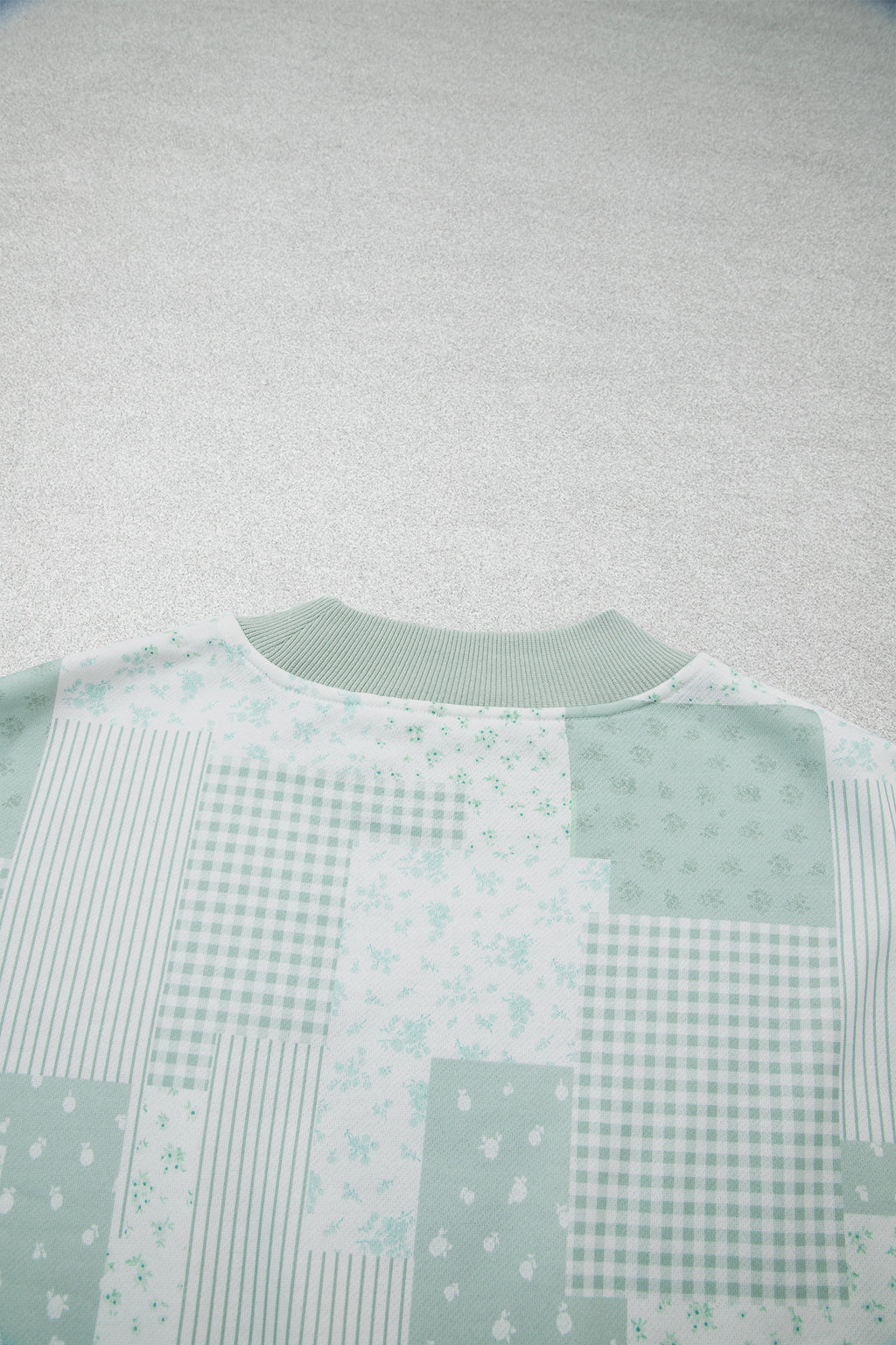 Sky Blue Patchwork Floral Print Drop Shoulder Baggy Pullover Drawstring Shorts Set