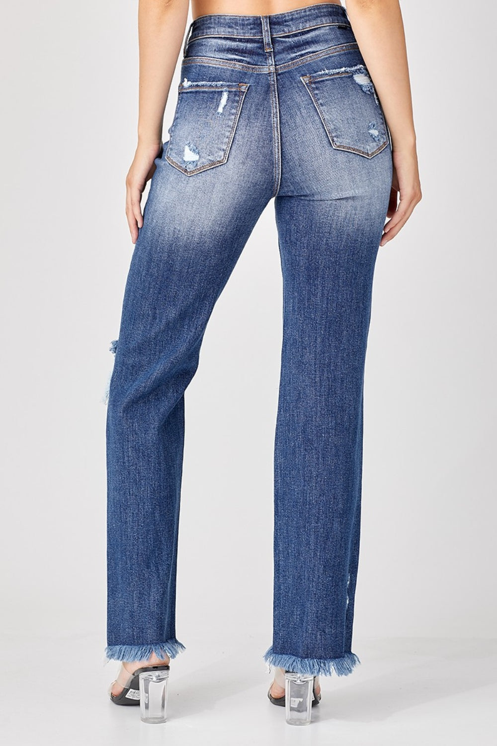 Risen Raw Hem Distressed Denim Straight Leg Jeans