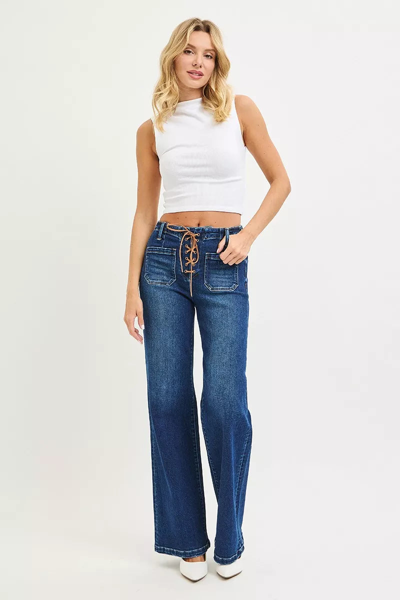 RISEN Full Size High Rise Wide Leg Jeans with Front Tie