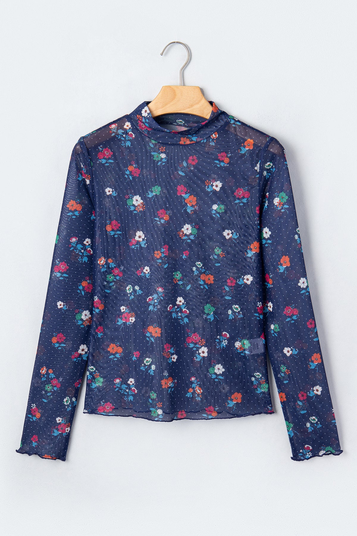 Blue Polka Dot Floral Mesh Long Sleeve High Neck Pullover Sheath Top