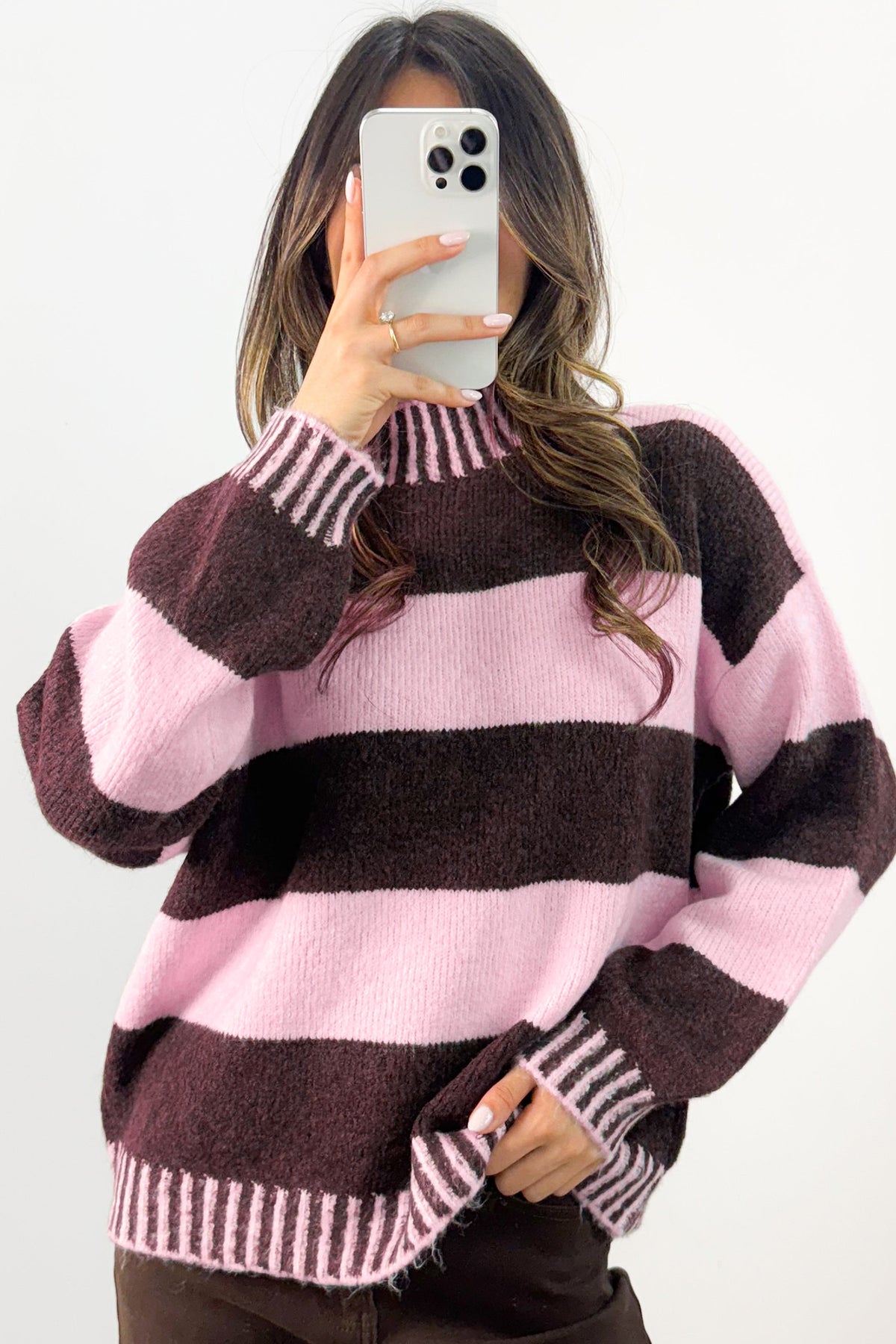 Pink Stripe Contrast High Neck Dropped Shoulder Relaxed Pullover Sweater