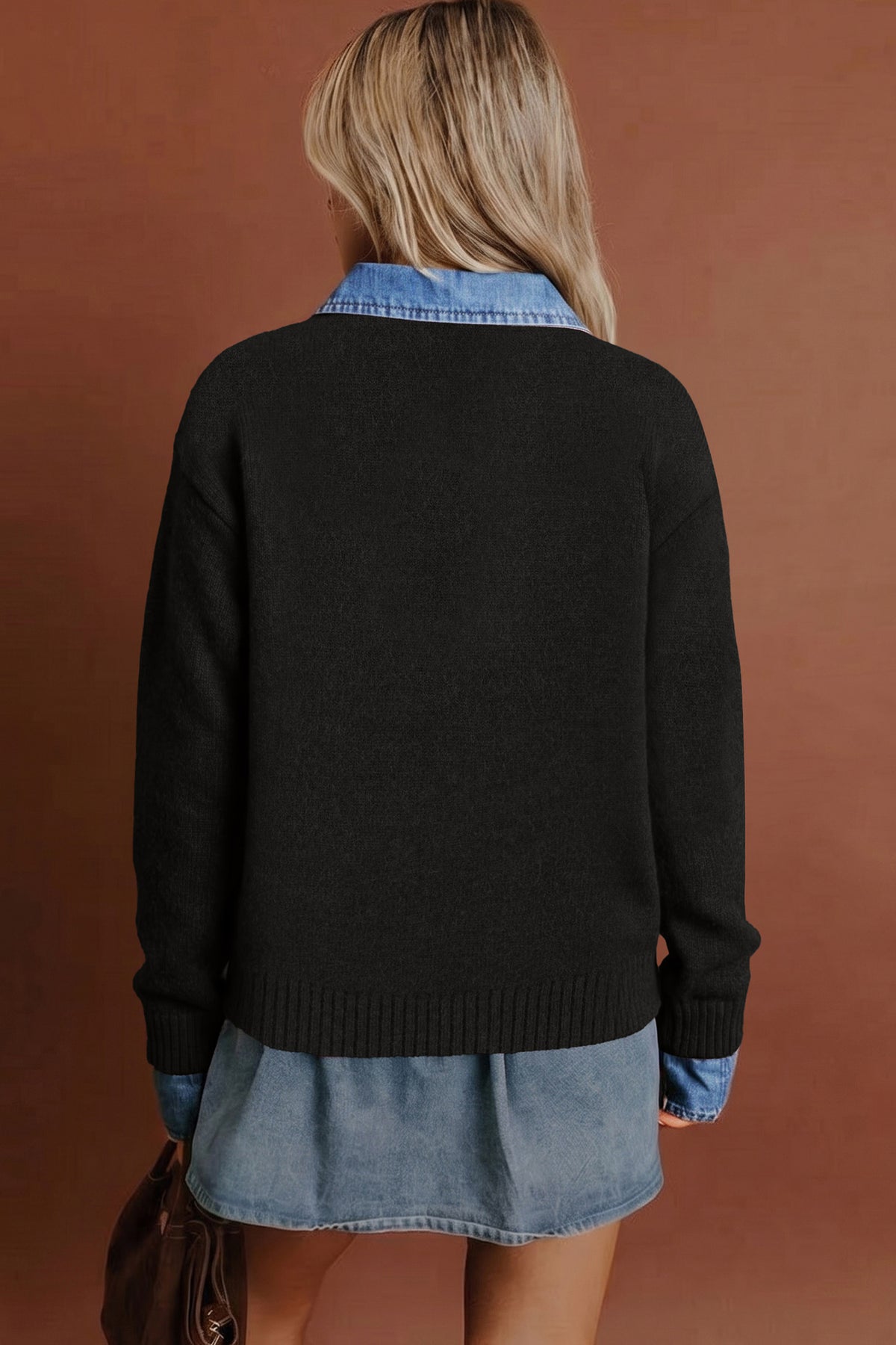 Black Denim Patchwork Collar Cuffed Casual Sweater