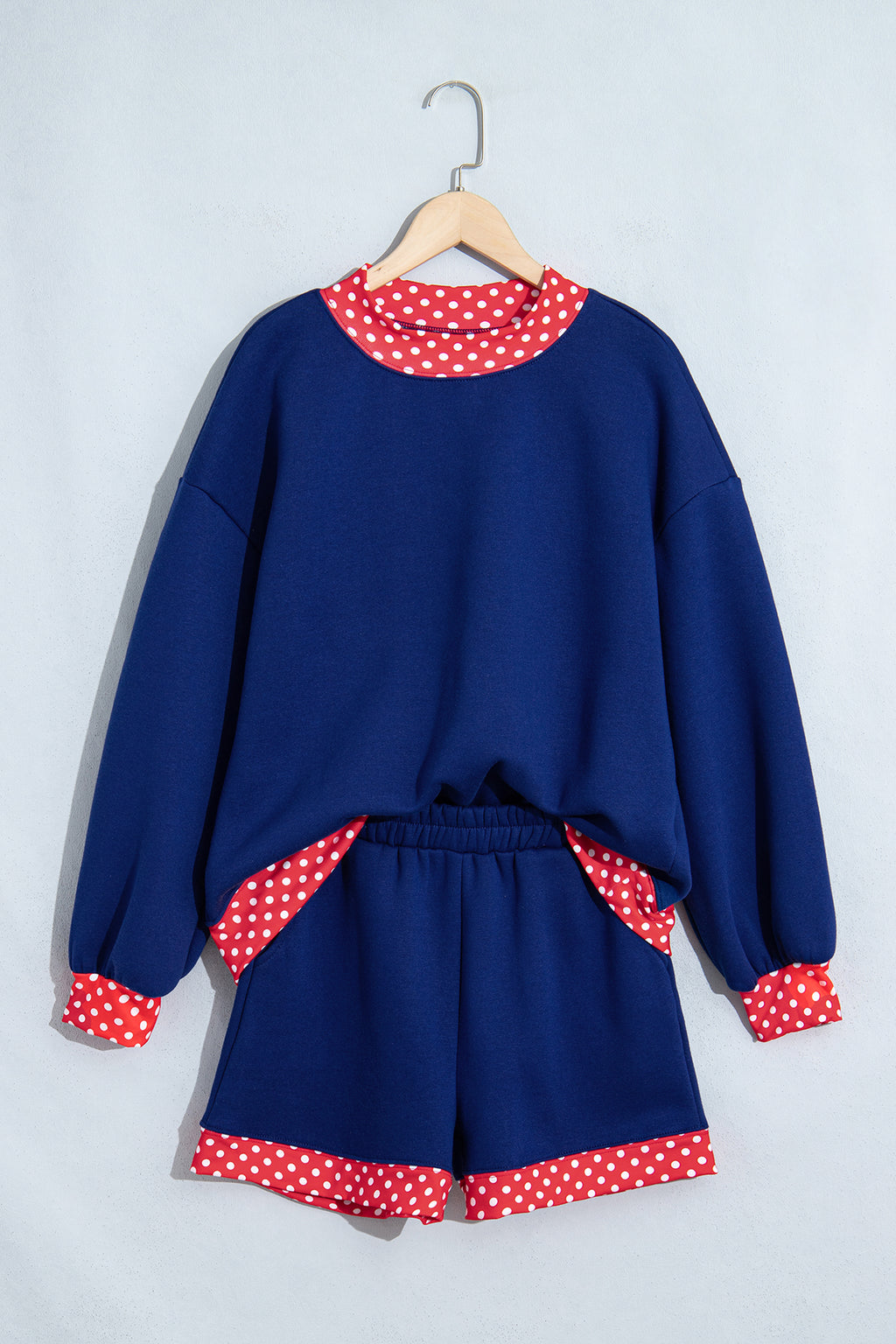 Dark Blue Polka Dot Trim Baggy Pullover 2pcs Short Set