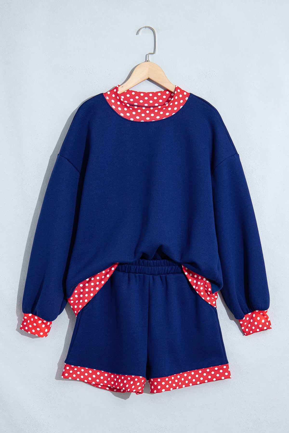 Dark Blue Polka Dot Trim Baggy Pullover 2pcs Short Set