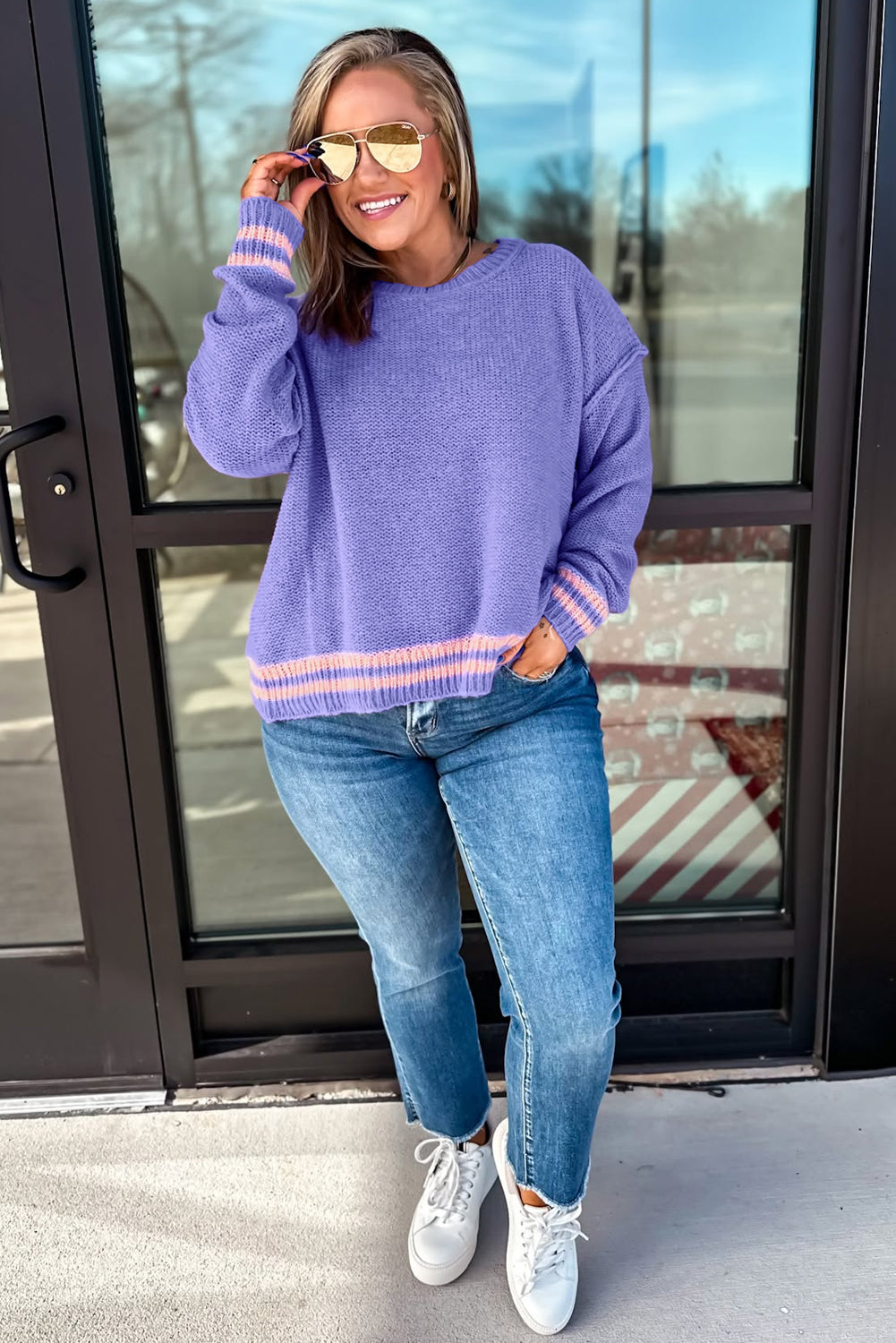 Wisteria Plus Size Striped Trim Drop Shoulder Knit Loose Sweater