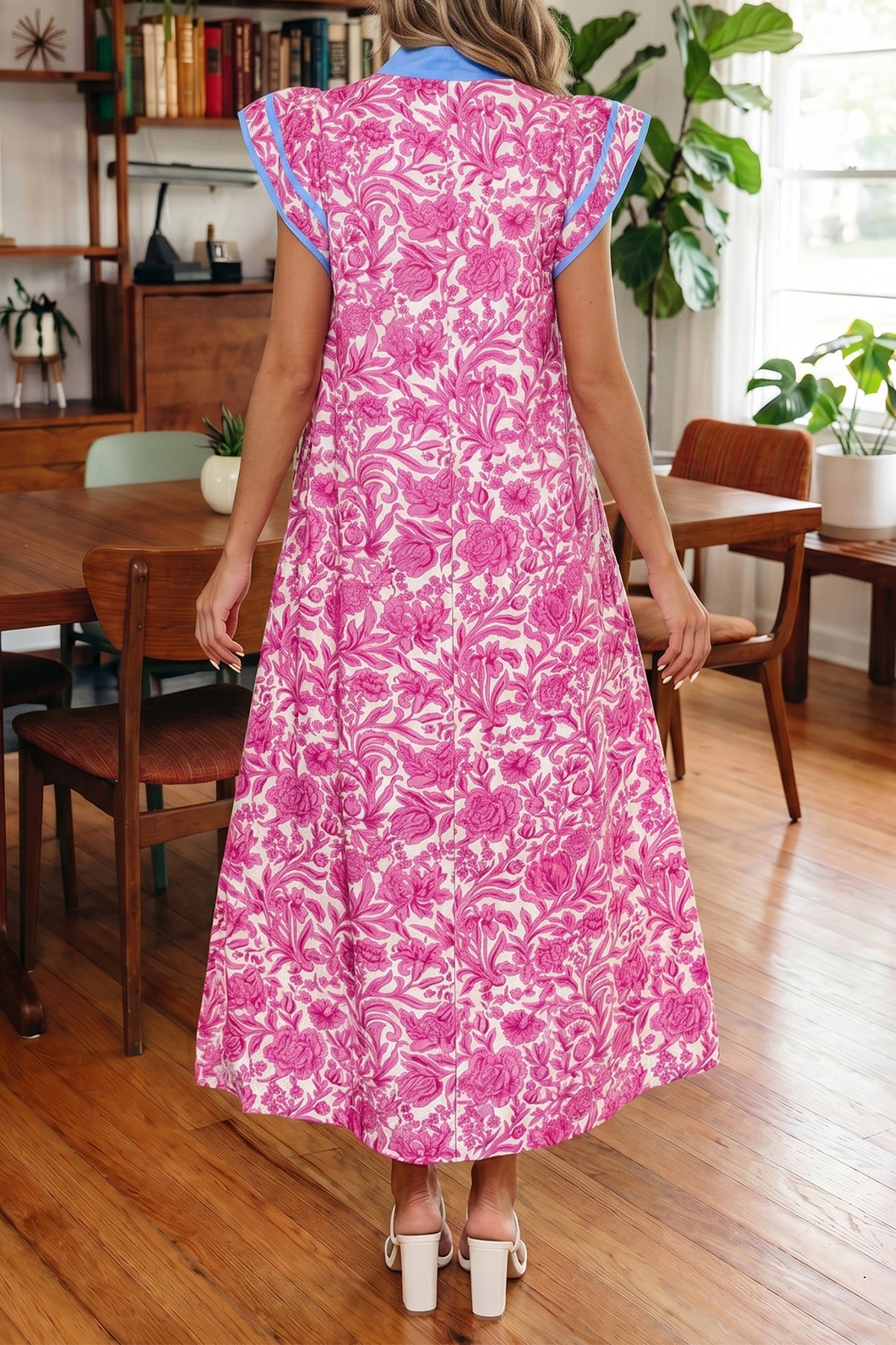 Green Floral Print Color Block Patchwork V Neck Short Sleeve Midi Dress