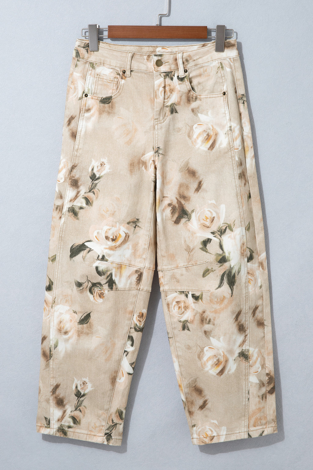 Khaki Retro Floral Print Relaxed Barrel Jeans