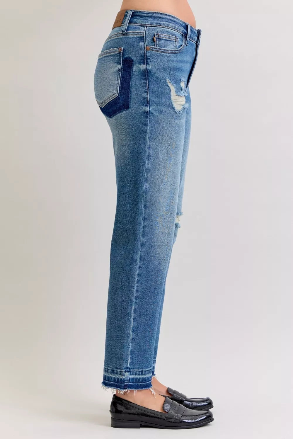 Judy Blue Mid Rise Patch & Repair Destroy Release Hem Boyfriend Jeans
