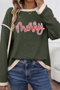 Four Leaf Clover Merry Patched Graphic Contrast Trim Christmas Knitted Long Sleeve Top