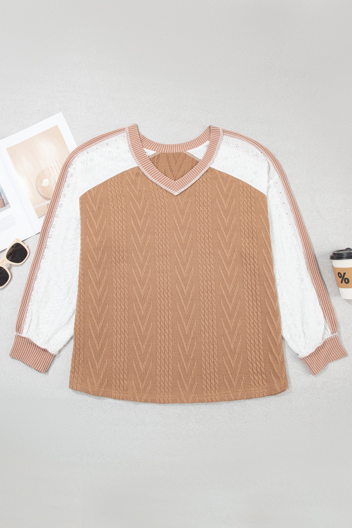 Coffee V Neck Lace Sleeve Patchwork Plus Size Blouse