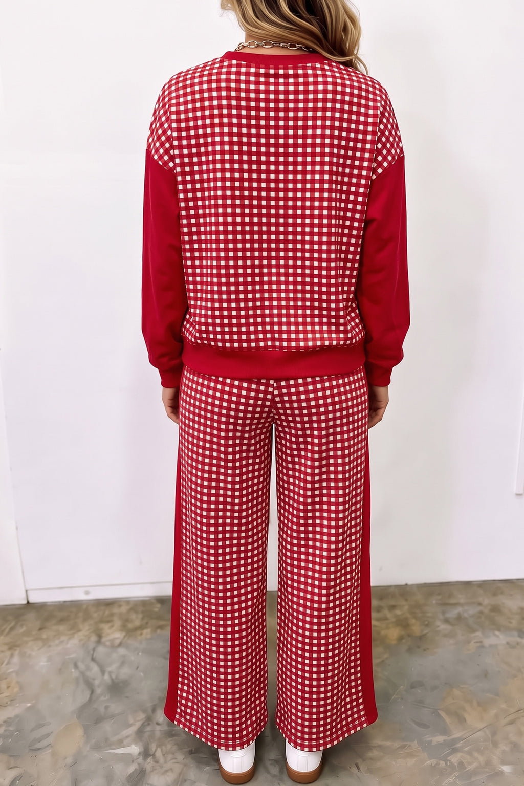 Khaki Color Block Plaid Patchwork Long Sleeve Pullover Wide Leg Pant Set