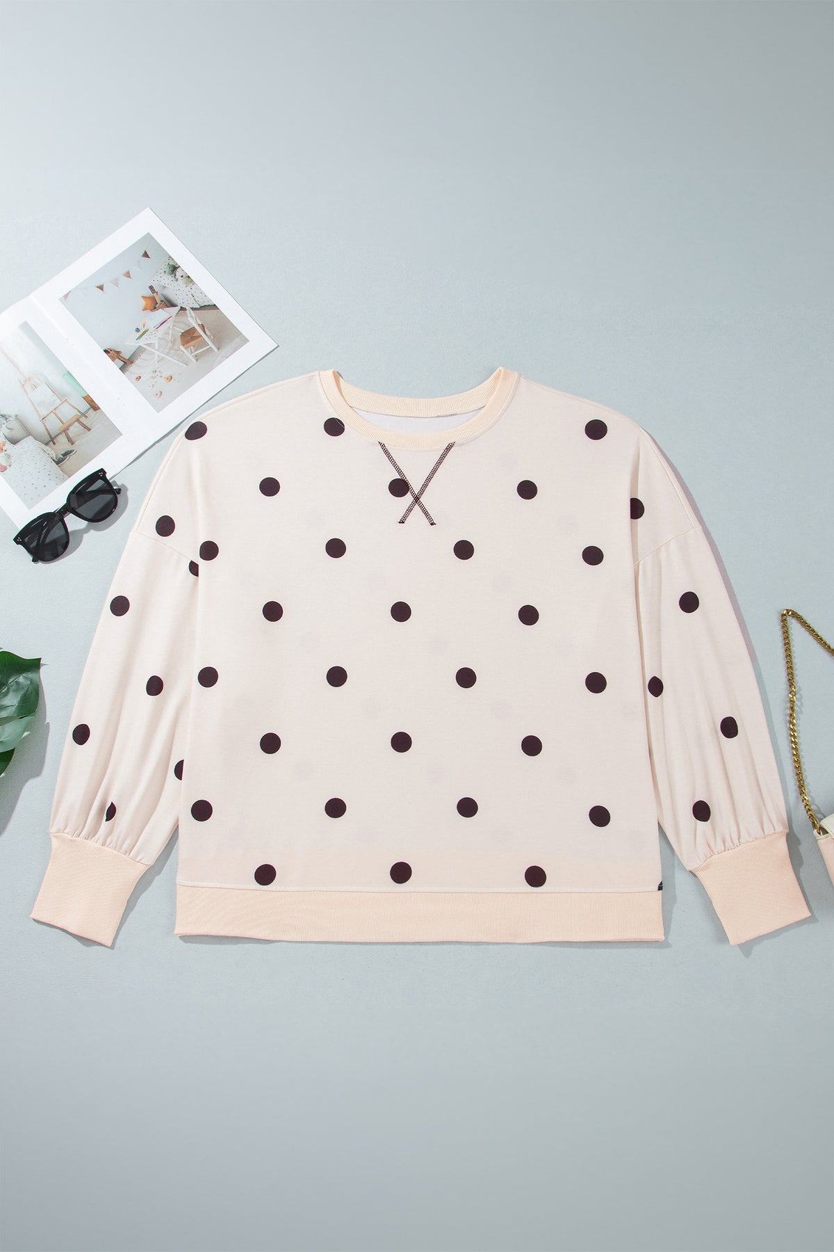 Beige Round Neck Long Sleeve Polka Dot Plus Size Top