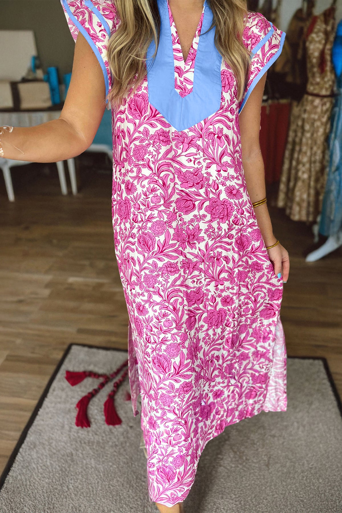 Green Floral Print Color Block Patchwork V Neck Short Sleeve Midi Dress