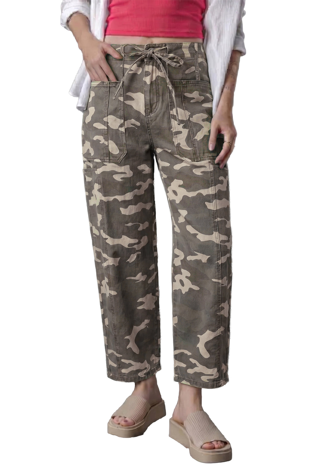 Green Leopard Printed Drawstring Elastic Waistband Pocketed Barrel Jeans