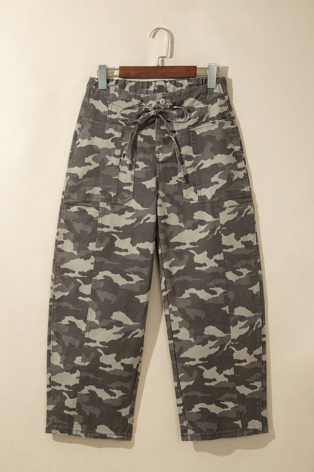 Green Leopard Printed Drawstring Elastic Waistband Pocketed Barrel Jeans