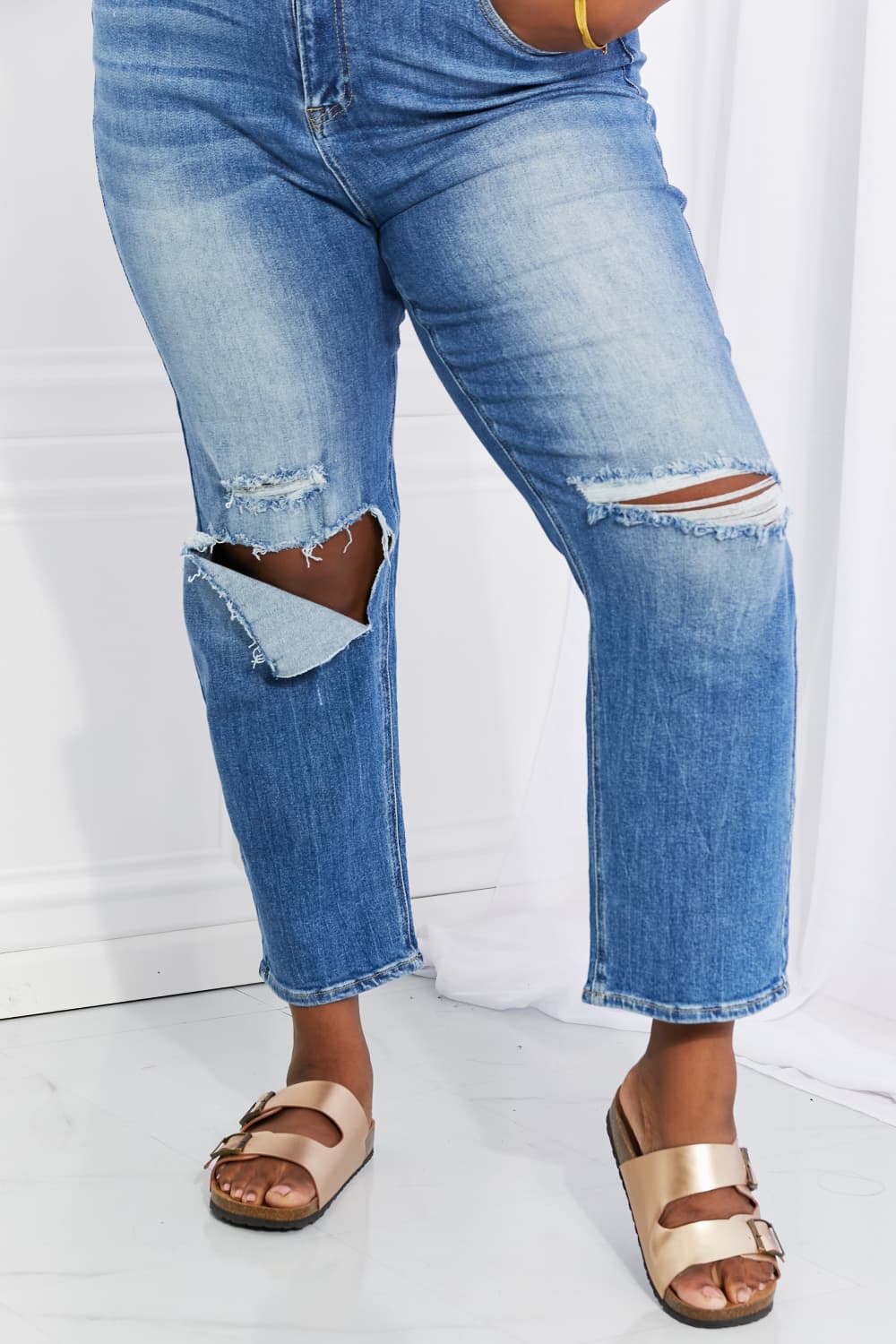 RISEN Emily High Rise Destroyed Straight Leg Relaxed Fit Cropped Blue Denim Jeans