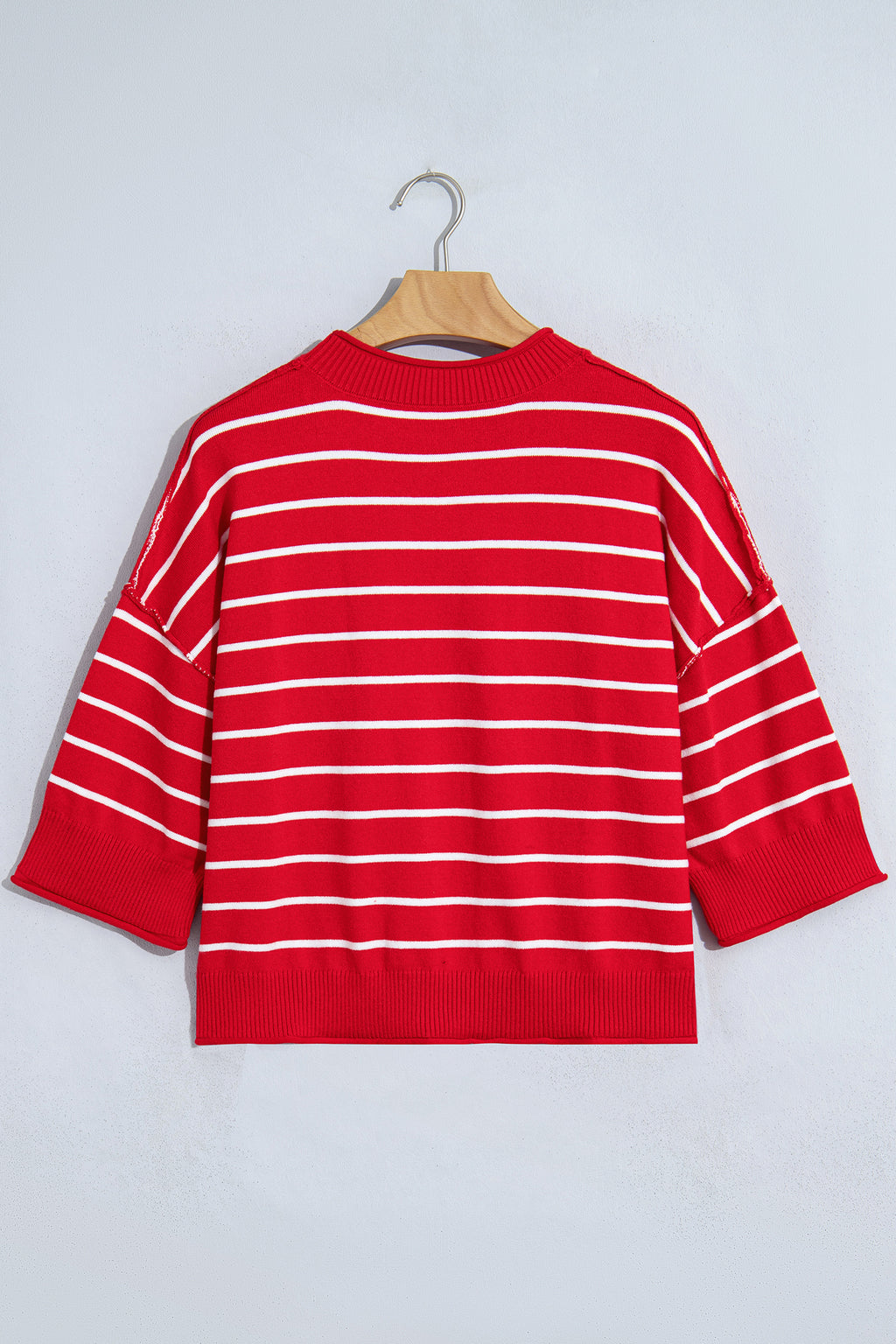 Red Stripe Dropped Shoulder Half Sleeve Relaxed Knit Sweater