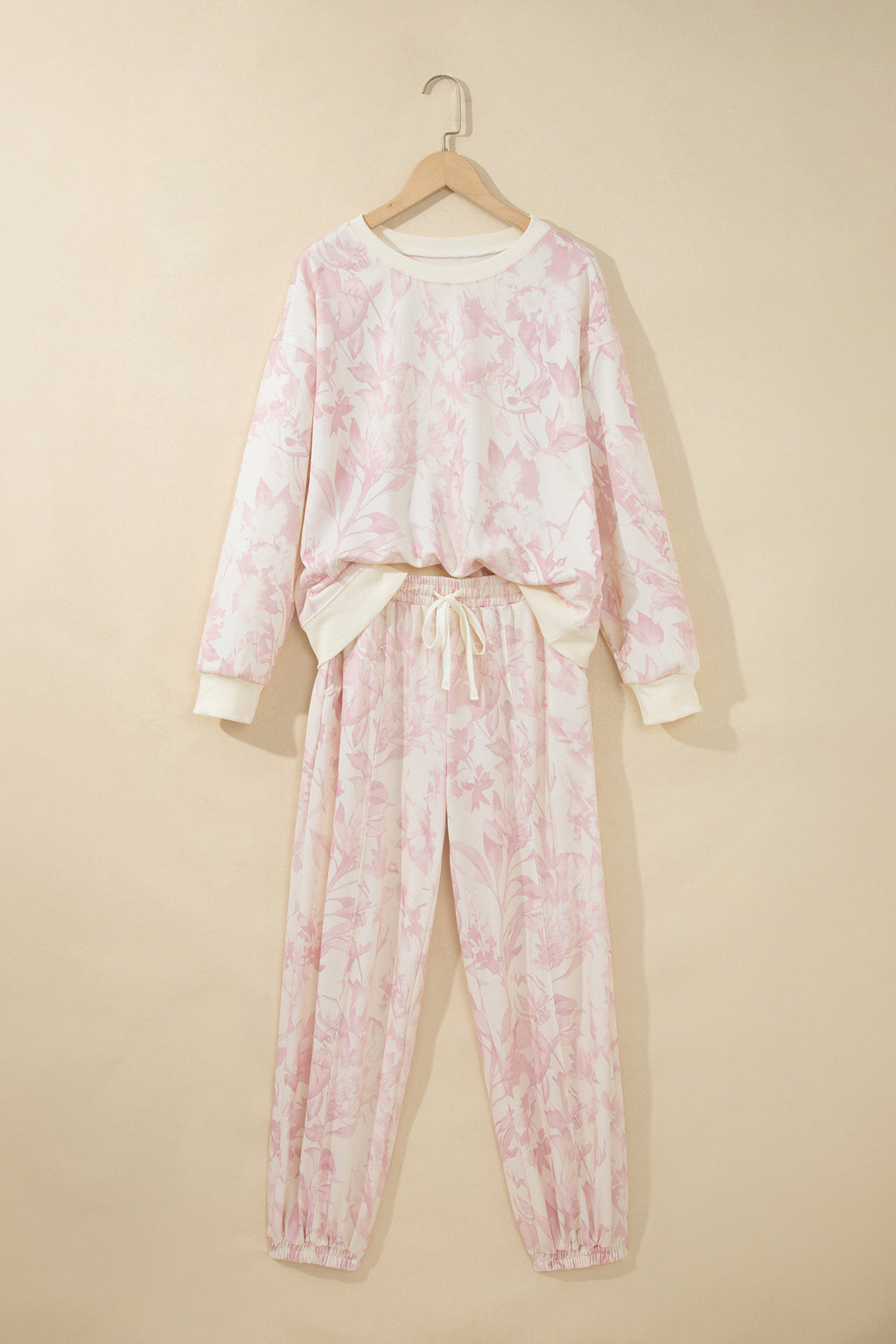 Pink Abstract Print Drop Shoulder Drawstring Waist Drawstring Hem Pant Set
