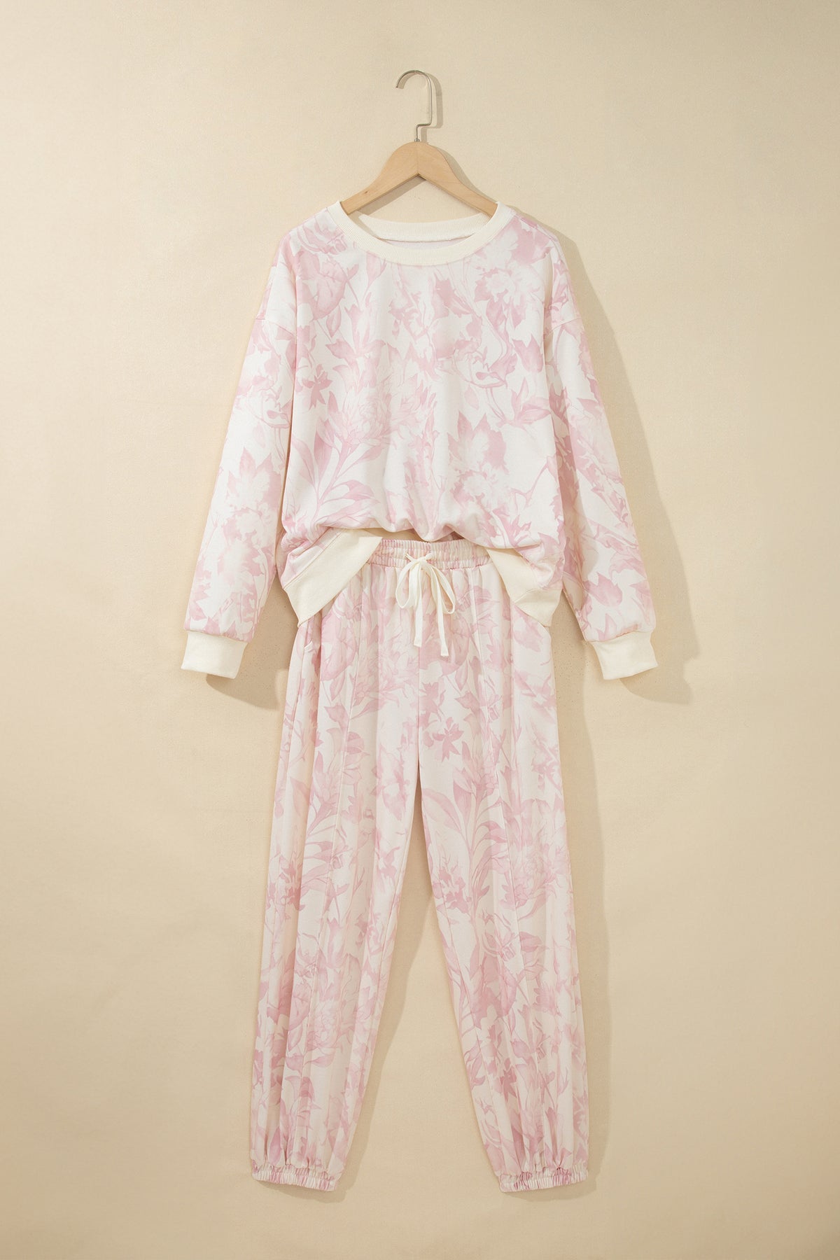 Pink Abstract Print Drop Shoulder Drawstring Waist Drawstring Hem Pant Set