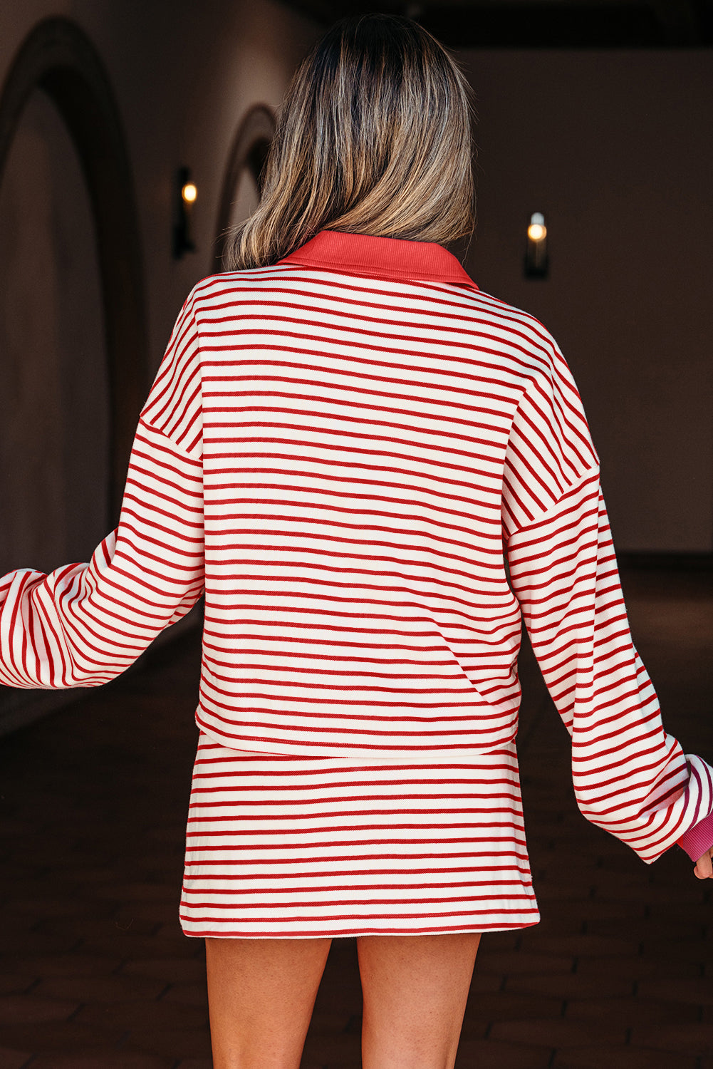 Pink Stripe Collared V Neck Drop Shoulder Pullover and Skort 2pcs Outfit