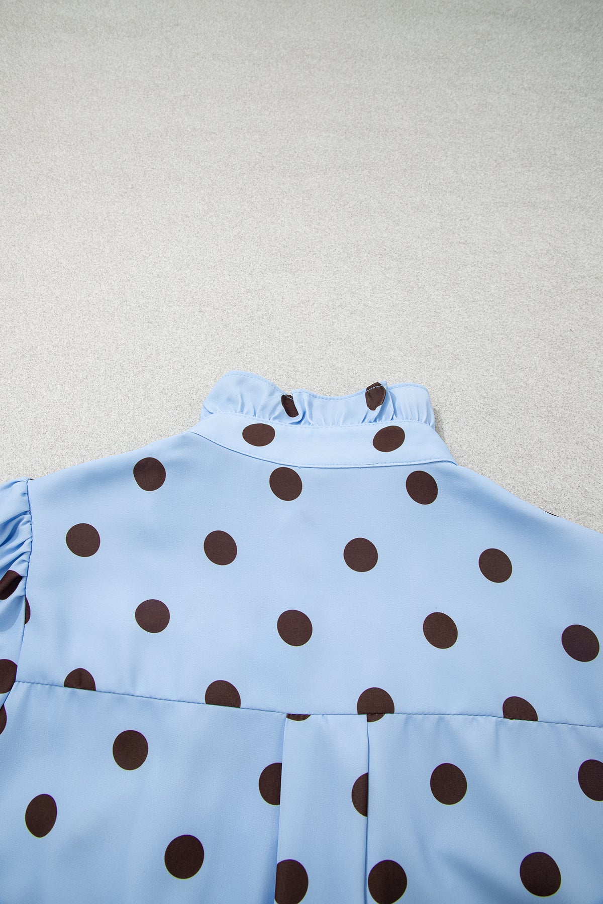 Sky Blue Polka Dot Print Ruffle Stand Neck 3/4 Sleeve Shift Shirt
