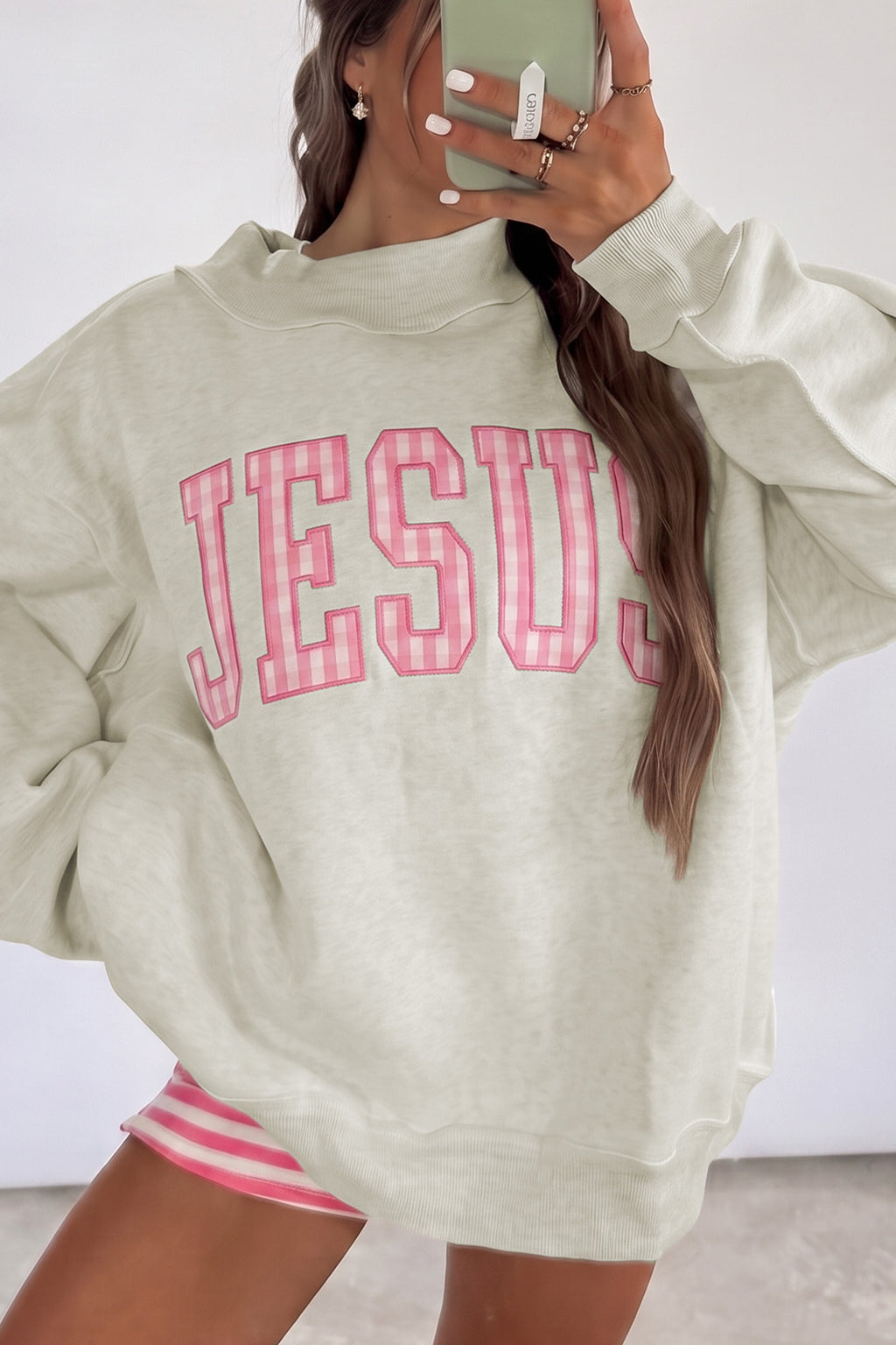 Jesus High Neck Polka Dot Slogan Printed Baggy Sweatshirt