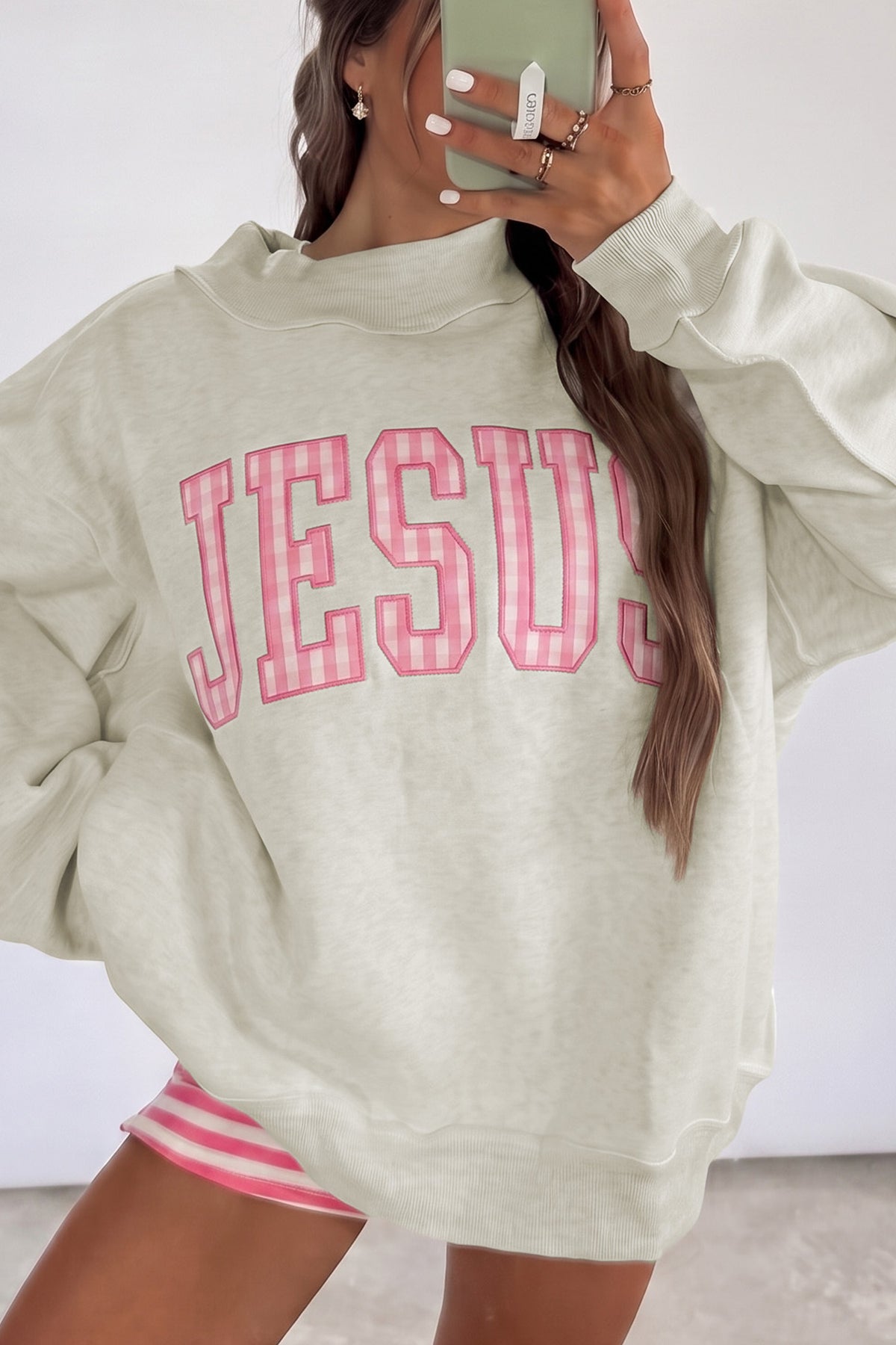 Jesus High Neck Polka Dot Slogan Printed Baggy Sweatshirt