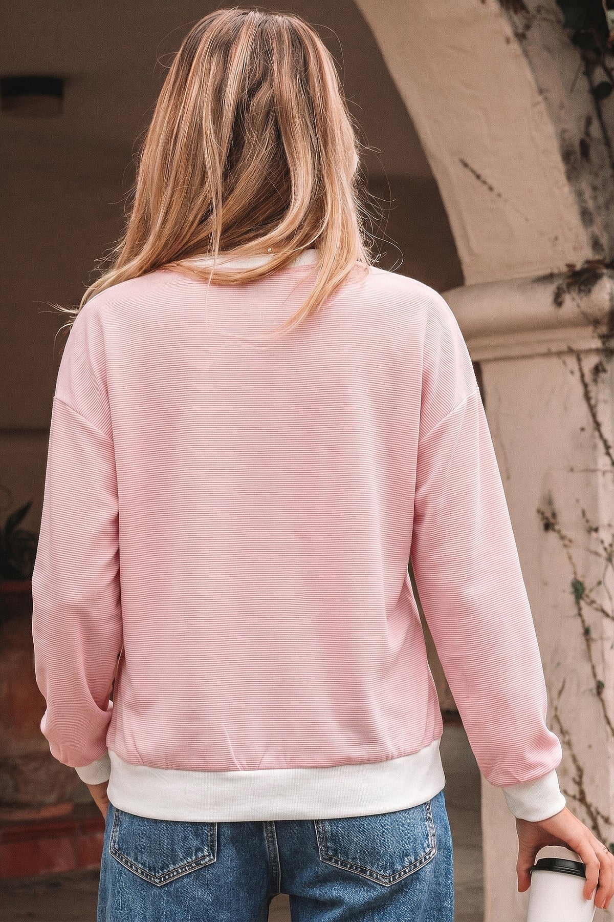 Pink Stripe Contrast Edge Patchwork Long Sleeve Top