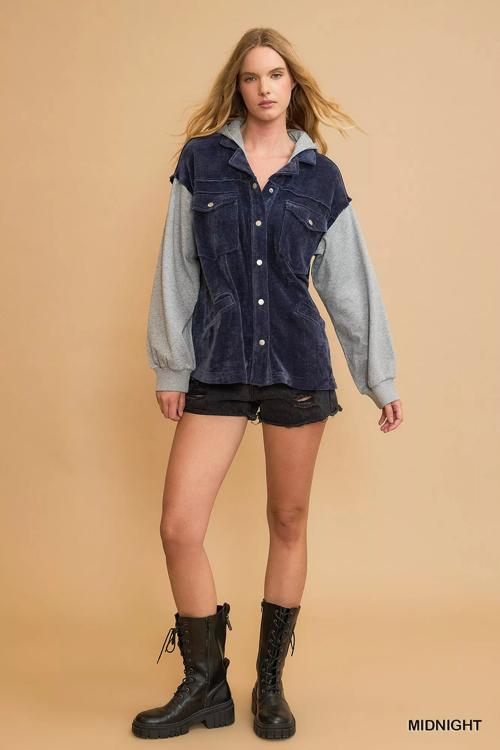 Umgee Contrast Hooded Chenille Jacket