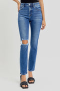 RISEN High Rise Ankle Skinny Knee Distressed Blue Denim Jeans