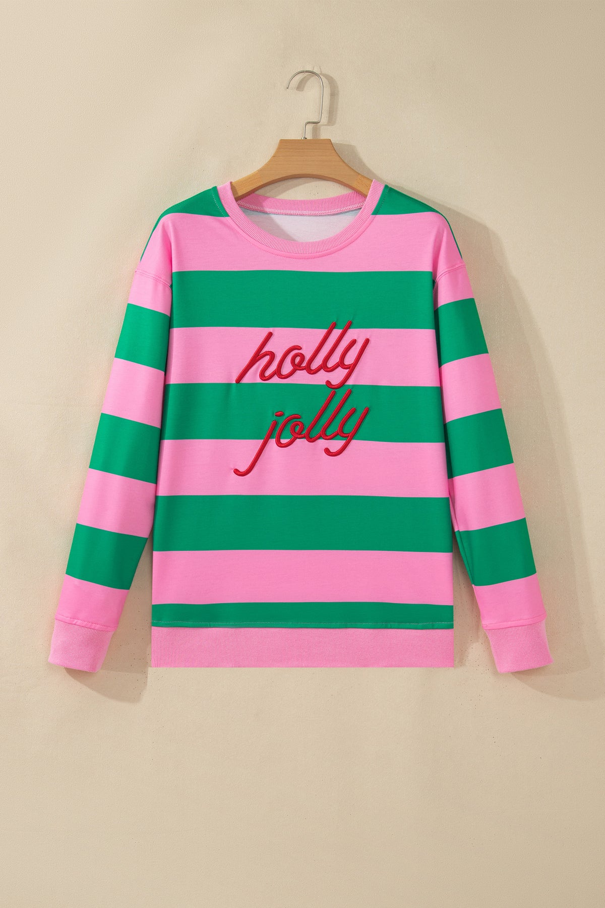 Green Stripe holly jolly Letter Embroidered Pullover Sweatshirt
