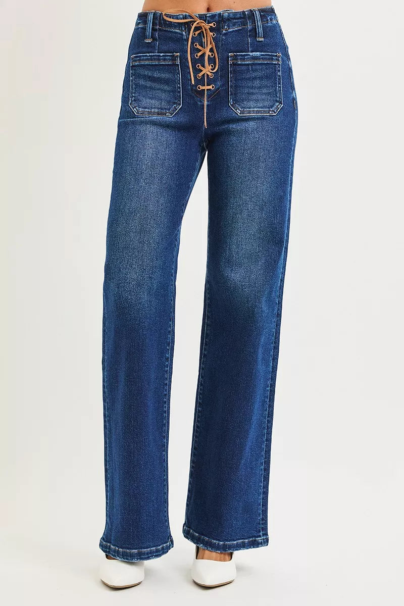 RISEN Full Size High Rise Wide Leg Jeans with Front Tie