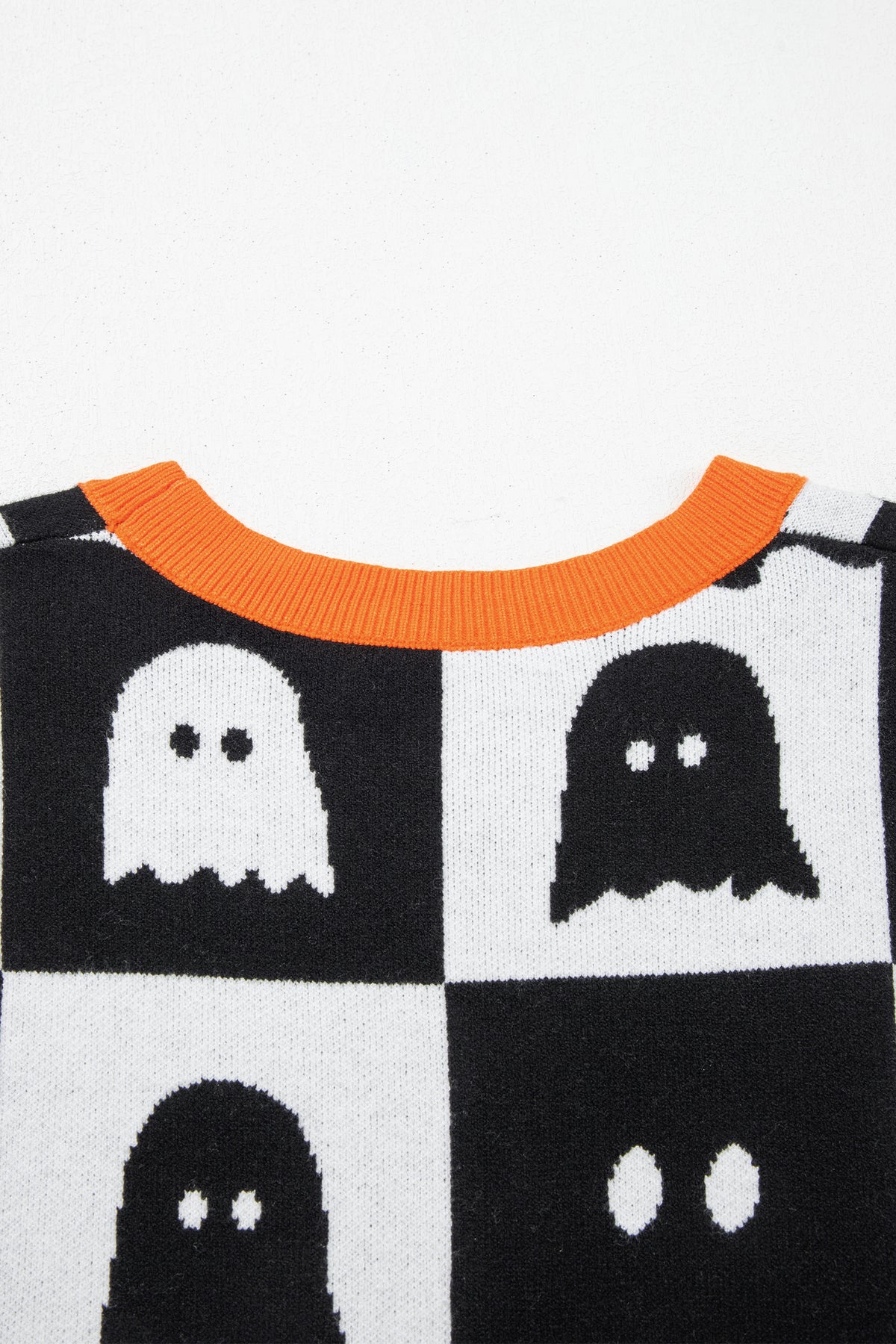 White Geometric Ghost Color Block Trim Short Sleeve Knit Sweater