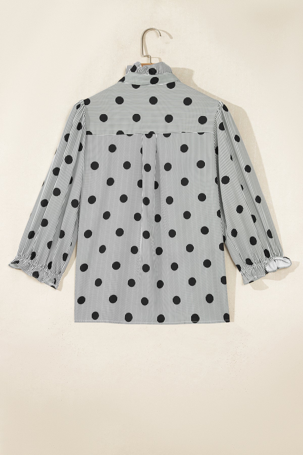 Sky Blue Polka Dot Print Ruffle Stand Neck 3/4 Sleeve Shift Shirt