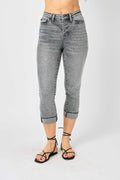 Judy Blue Sasha High Waist Cuffed Button Fly Gray Denim Capri Jeans