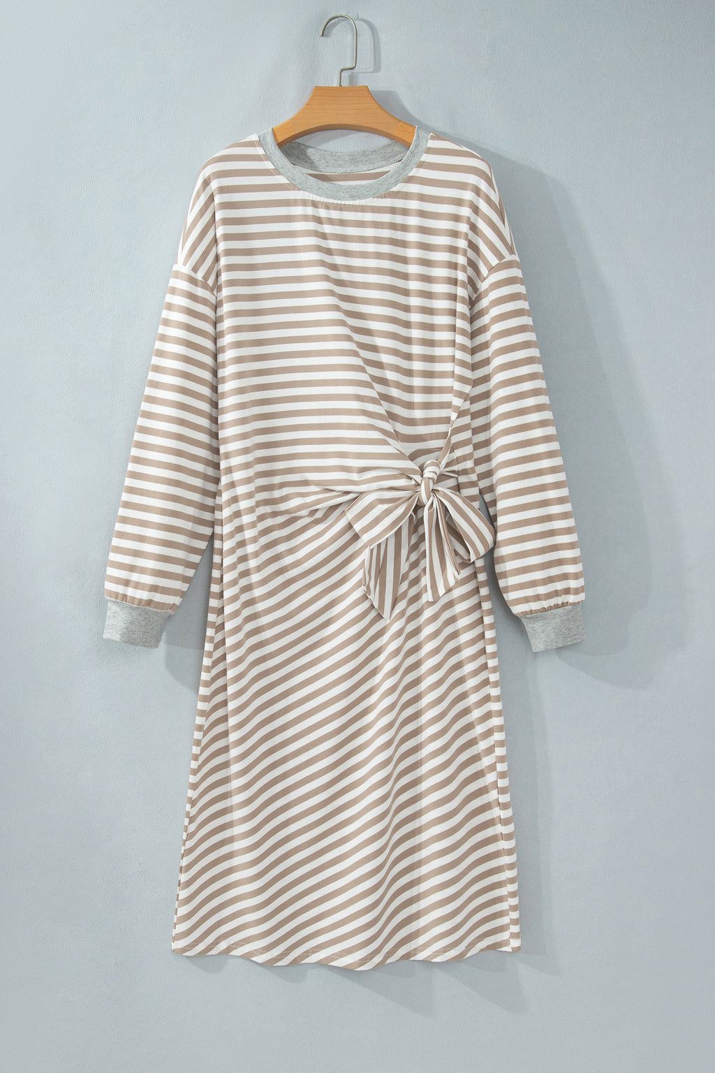 Khaki Stripe Striped Colorblock Cuffs Round Neck Long Sleeve Shift Dress