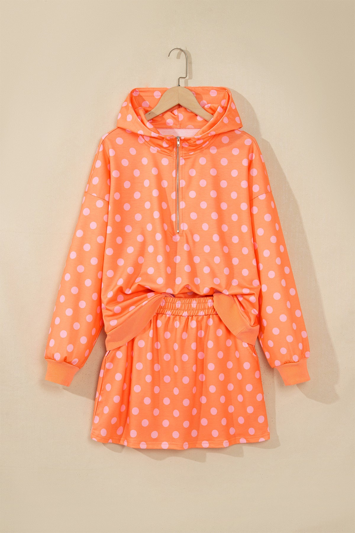Pink Polka Dot Hooded Long Sleeve Top Casual Mini Skort Set