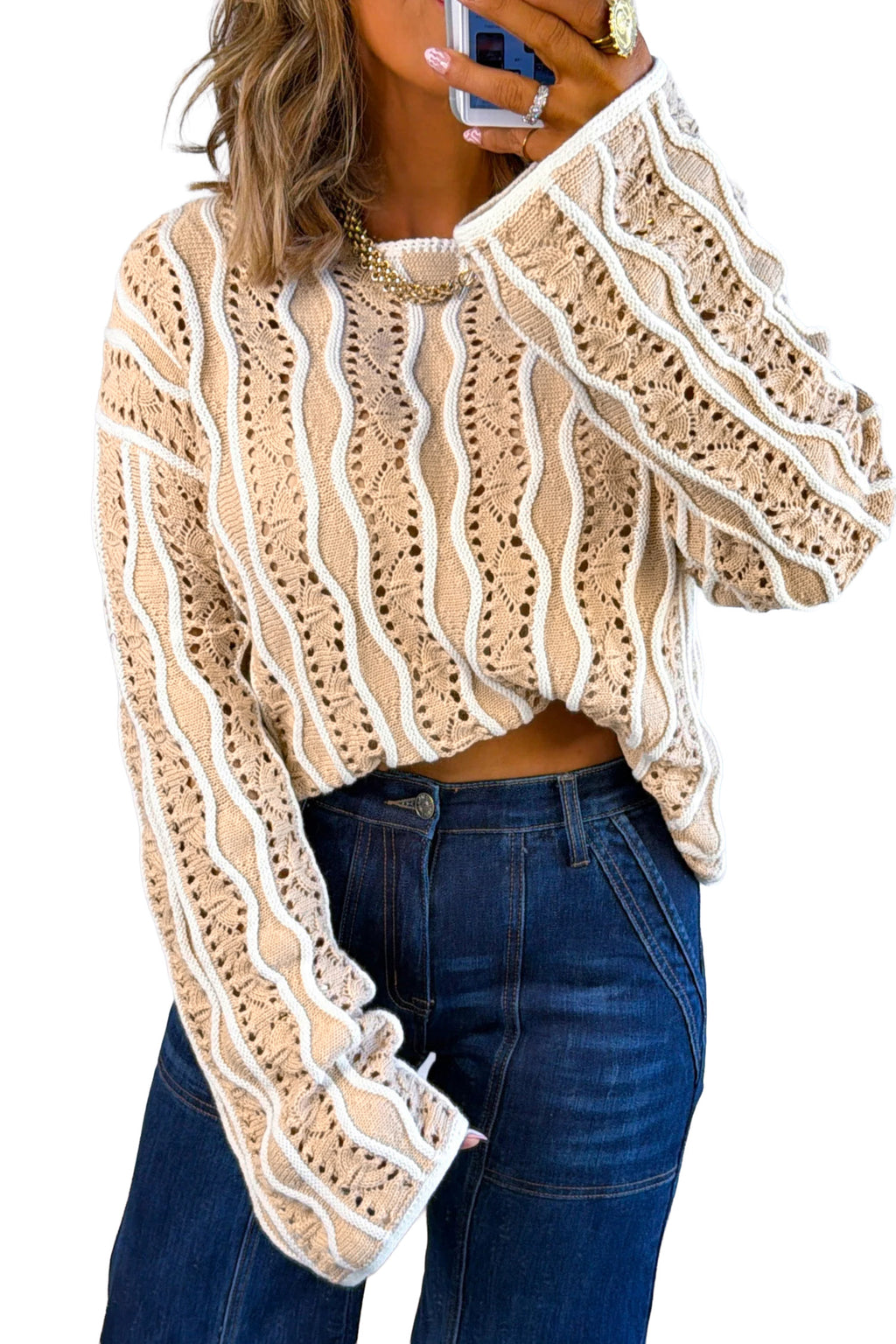 Pink Wavy Detail Hollow Out Knit Long Sleeve Cotton Pullover Sweater