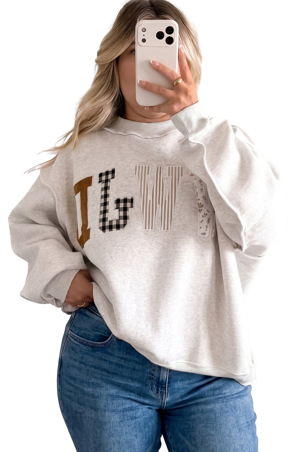 Gray WWJD Mix Pattern Letter Graphic Exposed Seam Loose Plus Size Sweatshirt