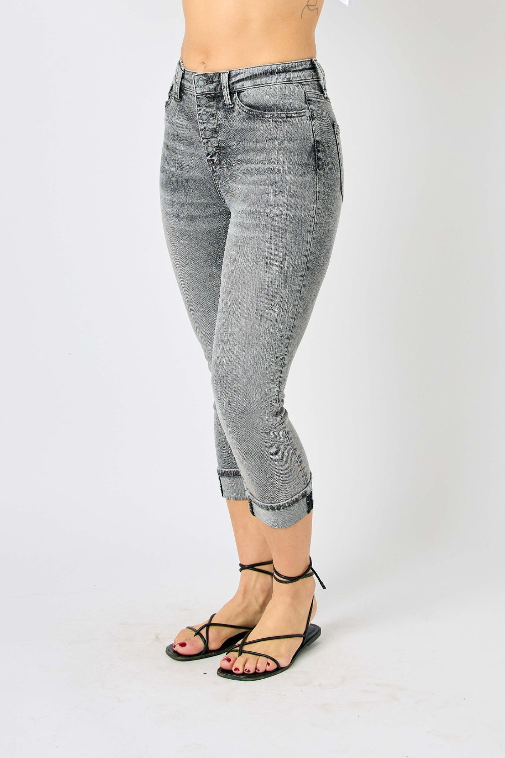 Judy Blue Sasha High Waist Cuffed Button Fly Gray Denim Capri Jeans