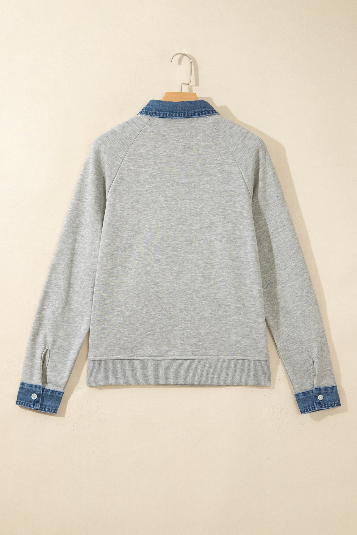 Sleet Denim Collar Patchwork Long Sleeve Pullover Top