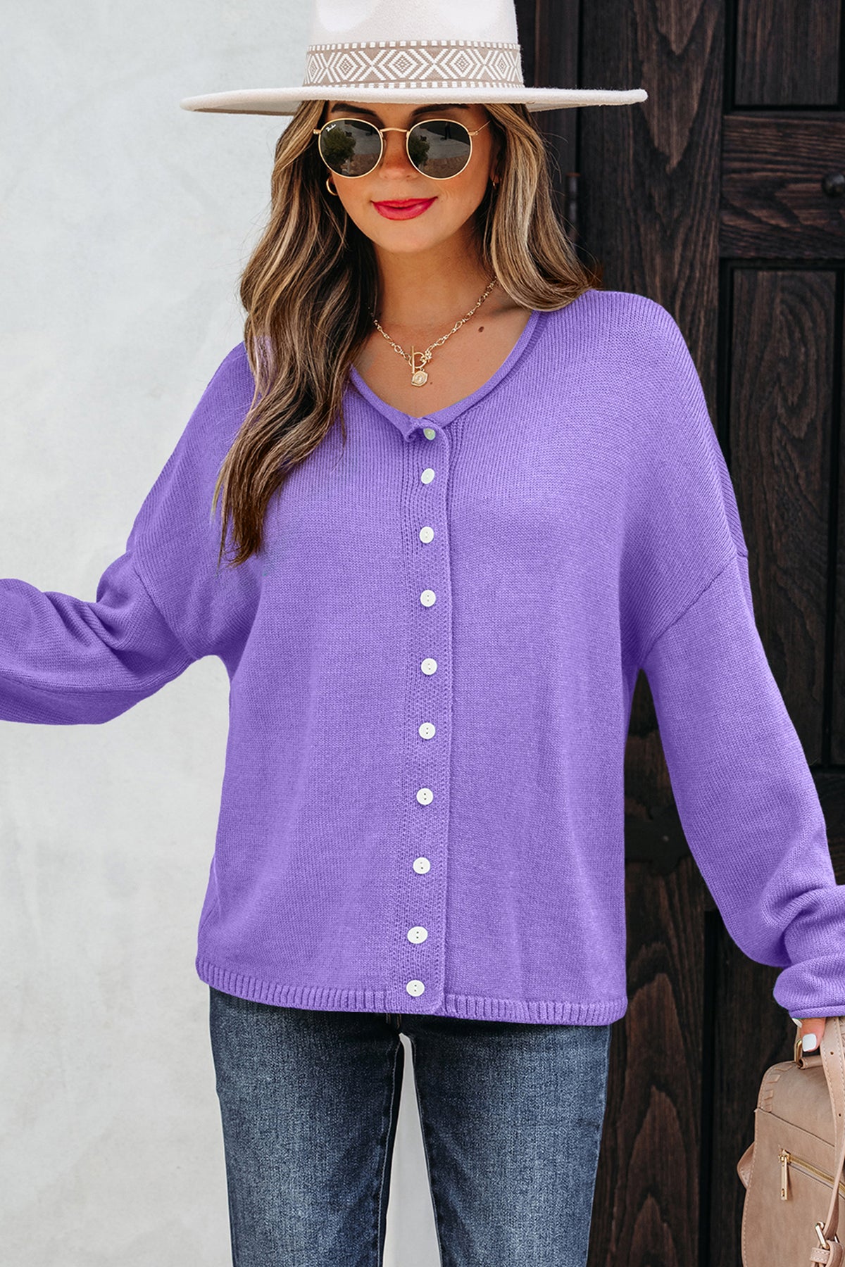 Bright Green Solid Color Knit Button Drop Shoulder Sweater Cardigan