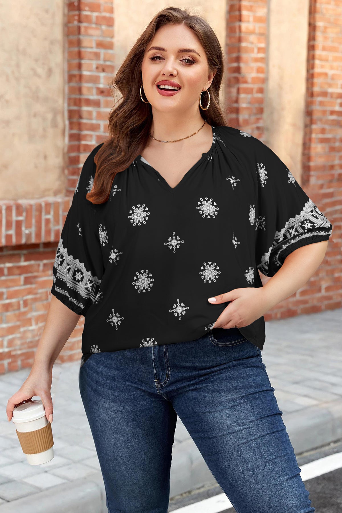 Black Boho Chic Notched V Neck Plus Floral Short Sleeve Top