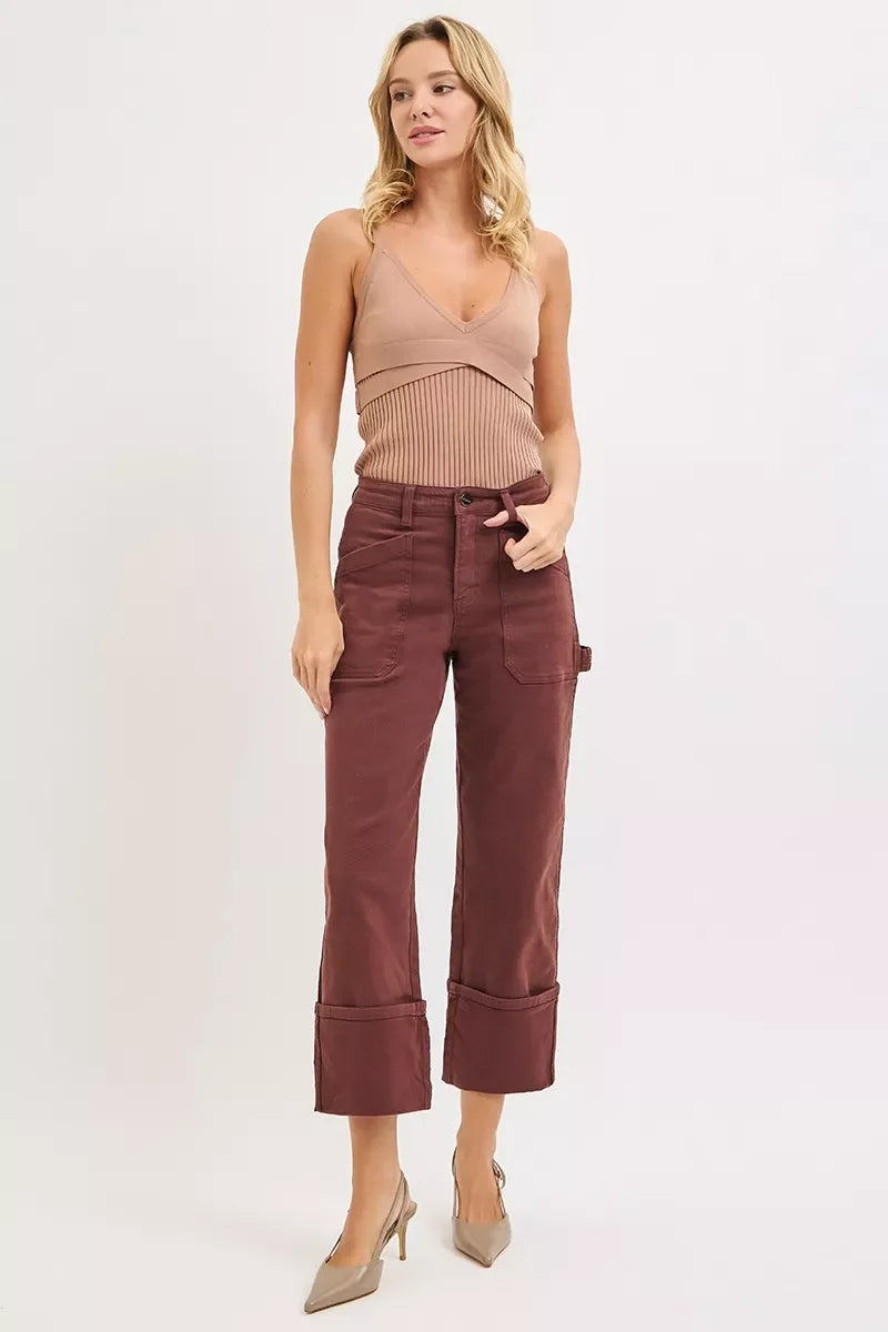 RISEN High Rise Wide Straight Cuffed Patch Jeans