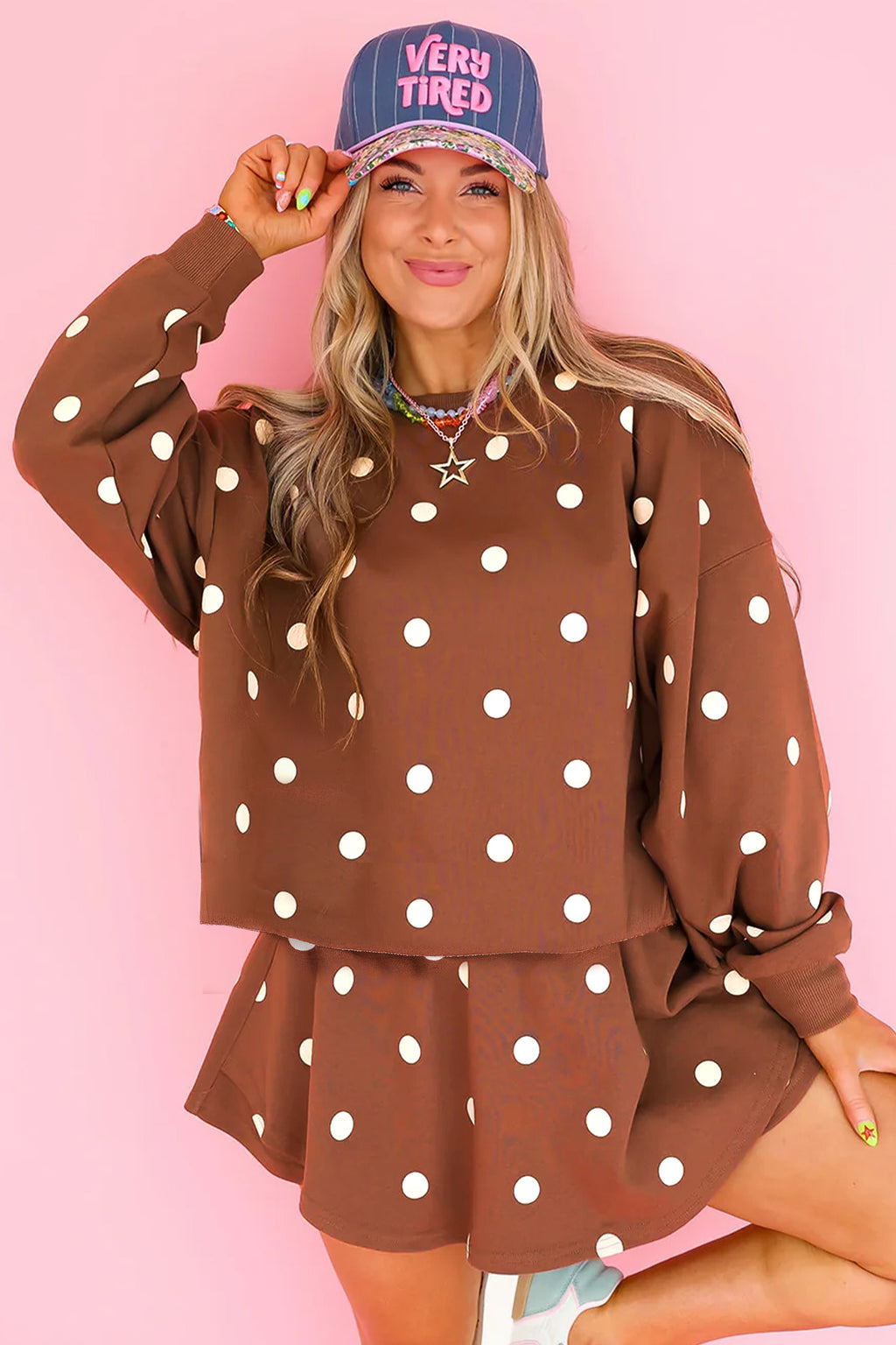 Brown Polka Dot Raw Hem Relaxed Pullover Loose Skort Two Piece Set
