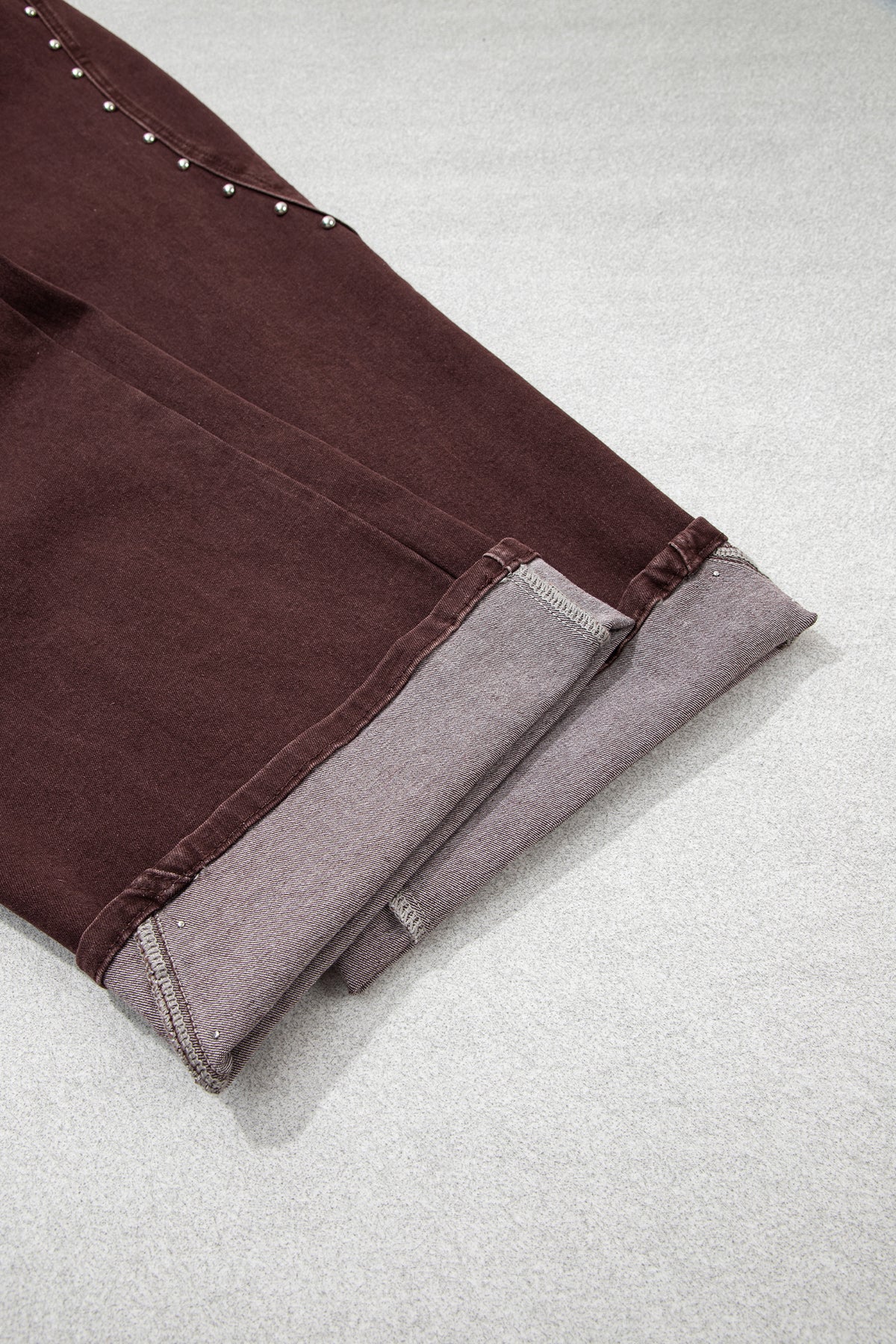 Coffee Side Seam Rivet Detail Ankle Length Casual Jeans