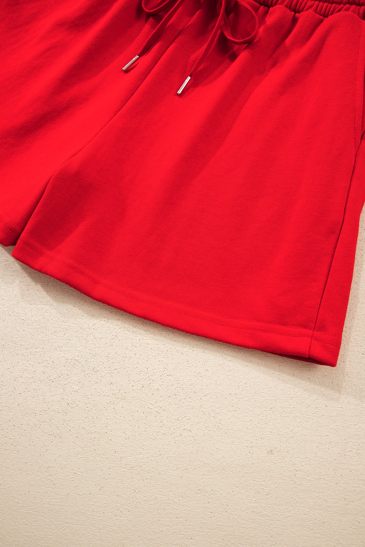 Red Plaid Patchwork Long Sleeve Top Solid Drawstring Shorts Set